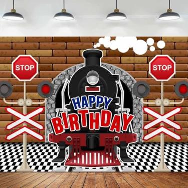 Imagem de KIKIDOR Pano de fundo de trem de desenho animado retrô túnel de trem a vapor infantil suprimentos de festa de aniversário para bebê a caminho adereços de decoração de festa de chá de bebê vintage