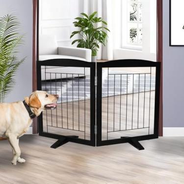 Imagem de ZJSF Cerca interna independente para cães, portão dobrável para portas, escadas ou corredores, portão extra largo de madeira resistente para animais de estimação com pés de suporte para casa, preto
