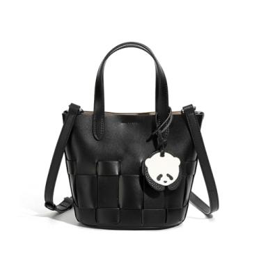 Imagem de Bolsa feminina de couro legítimo, design de tecido elegante, alça compacta com alça de ombro, Preto, Small