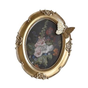 Imagem de Fenteer Moldura oval vintage para fotos, porta-retratos de resina, porta-cartões de mesa, para pendurar na parede ou para mesa, para Natal, escritório e ano, Ouro