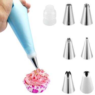 Imagem de Conjunto de 8 pontas de tubulação de aço inoxidável, pontas de bicos russos de aço inoxidável, 6 bocais de confeiteiro para glacê, 1 conjunto de ferramentas para cupcakes, bolos, biscoitos e decoração