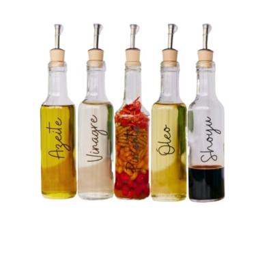 Imagem de Galheteiro de Vidro Porta Óleo Azeite Vinagre com Bico Dosador Polímero e Adesivos(Ki 5 Az, Vin, Ól, Pimen)