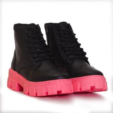 Imagem de Coturno Q&A Couro Feminino Cadarço Tratorado Moderno, Preto, 36