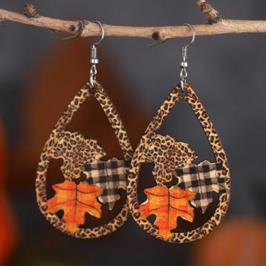 Imagem de Brincos femininos de Ação de Graças, xadrez, leopardo, folha de bordo, design vazado, em forma de lágrima, brincos pendentes para Ação de Graças, acessórios de bijuteria, 2inch, Madeira, Sem pedra