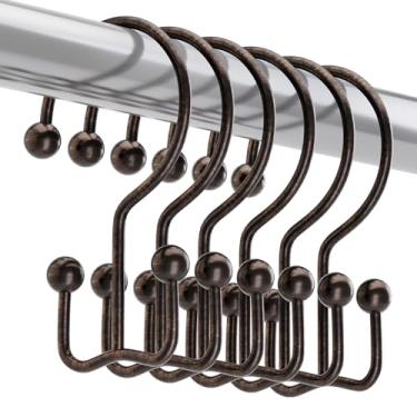 Imagem de Titanker Ganchos de cortina de chuveiro de bronze, anéis de cortina de chuveiro deslizantes duplos minimalistas, anéis de metal à prova de ferrugem para varões de chuveiro de banheiro, conjunto de 12
