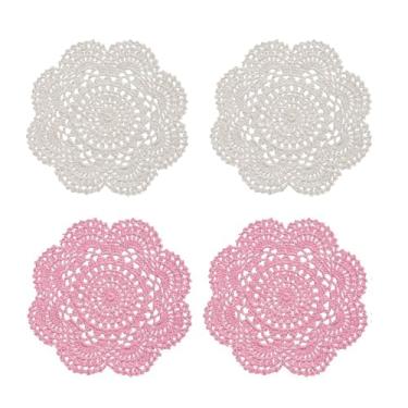 Imagem de Toalha redonda de crochê feita à mão, pacote com 4 jogos americanos de renda para decoração de mesa e porta-copos