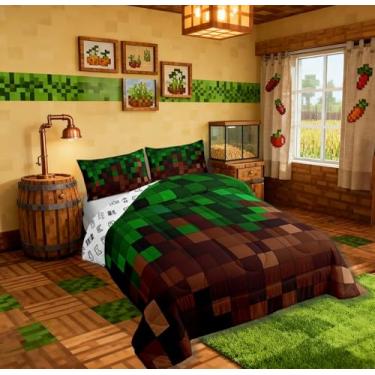 Imagem de Sandbox Conjunto de cama para meninas, tamanho solteiro, patchwork, videogame, treliça, simples, para meninas, meninos, adolescentes, decoração de quarto verde escuro para todas as estações, 1 fronha