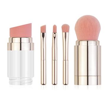 Imagem de ZJchao Conjunto de Pincéis de Maquiagem para Viagem, Mini Conjunto de Pincéis de Maquiagem Pincel Portátil 5 Em 1 Pincel de Multifuncional Portátil para pó Solto, Sombra, Sobrancelha, para Lábios (Banhado a ouro)
