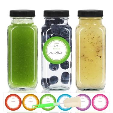Imagem de STARSIDE Pacote com 3 garrafas de suco de vidro de 227 g com tampas - frascos quadrados reutilizáveis para suco, leite, kombucha - Inclui 1 escova de garrafa, 6 etiquetas coloridas