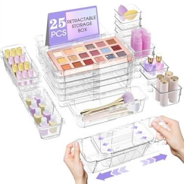Imagem de Organizador de gaveta transparente extensível, 25 peças, caixa de armazenamento ajustável, organizador de gaveta de mesa de 3 tamanhos, caixas de armazenamento antiderrapantes para cosméticos, joias