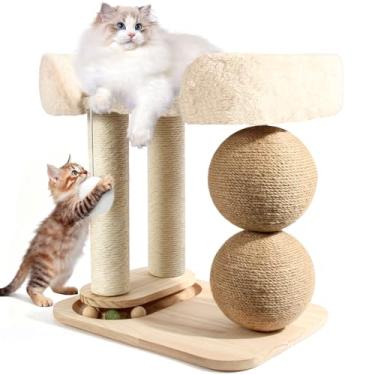 Imagem de Árvore de gato pequena 5 em 1 com casa para gatos e postes para arranhar, varas de arranhar cobertas de sisal com cama macia de torre, brinquedo de bola para pendurar, almofada reversível e base