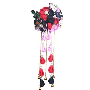 Imagem de CRB Fashion – Traje de casamento feminino quimono tradicional tsumami kanzashi Yukata japonês asiático com estampa floral Sakura Fan Barrette Clip, Black/Red