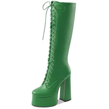 Imagem de Perisis Botas femininas de salto alto grosso, plataforma na altura do joelho, modernas, de couro, com cadarço, salto alto, cano largo, Verde, 40