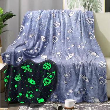 Imagem de Jurllyshe Cobertor que brilha no escuro espaço foguete nave espacial planeta manta brilhante flanela cobertor presentes cobertores para crianças, meninos, meninas, adolescentes adultos (brilha no