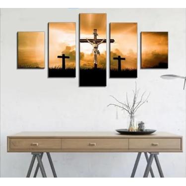Imagem de Kit quadro decorativo 5 peças 95x60 cm jesus cristo na cruz sagrada