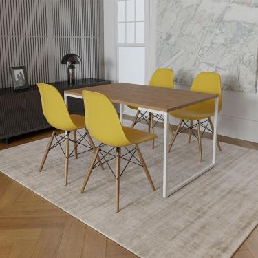 Imagem de Mesa Industrial Base Ferro Branco 137X90 Tampo Amêndoa 4 Cadeiras Eiffel Madeira Assento Amarelo