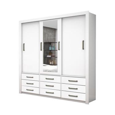Imagem de Guarda Roupa Roupeiro Anjos 3 Portas De Correr Com Espelho Central 9 Gavetas Carioca Branco