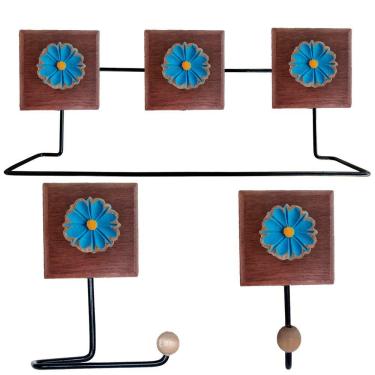 Imagem de Kit Banheiro 3 Peças Toalheiro Cabideiro Porta Papel Papel Com Flores Coloridas Cor Azul