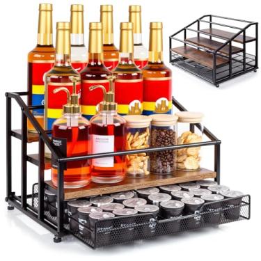 Imagem de Organizador de xarope de café, rack de xarope de 4 camadas com 12 garrafas com gaveta de 35 K para cafeteria, suporte de garrafa de bancada para vestir para cozinha e cafeteria