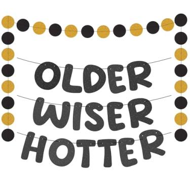 Imagem de Older Wiser Hotter Banner, faixa de aniversário com glitter, pingente de círculo, guirlanda de bolinhas pré-amarrada, engraçada, aniversário para mulheres, adultos, 30, 40, 50, 60, 70, 80 anos