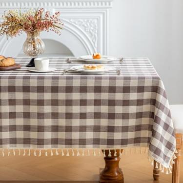 Imagem de NALVXIN Toalha de mesa quadriculada retangular de algodão e linho, toalha de mesa com borla, lavável, sem rugas, capa de mesa xadrez búfalo resistente para jantar/festa/piquenique (marrom, 139,7 cm x
