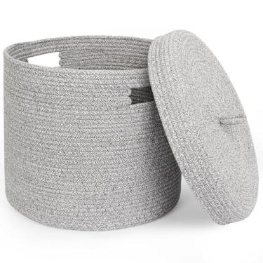 Imagem de WILLITAT Cesta de armazenamento com tampa, cobertor de armazenamento para sala de estar, cesto de corda de algodão macio com tampa, cesto de roupa de vime redondo com capa, caixa de brinquedos para