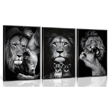 Imagem de 3 peças de arte de parede preto e branco família de leões tríptico pinturas em tela de pôsteres de animais impressões de fotos decoração de parede para quarto sala de estar escritório decoração sem