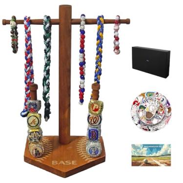 Imagem de Suporte de exibição de colar de beisebol de madeira, organizador de exibição de anéis de campeonato (para anel tamanho 9 ou maior), bônus de 50 peças de adesivos de beisebol, cartão de felicitações e