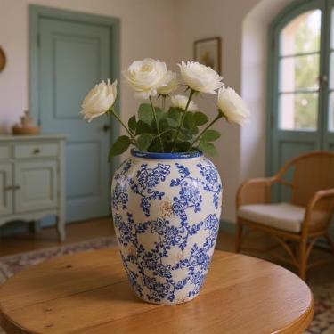 Imagem de Yokiiimakiii Vaso de cerâmica vintage azul e branco, vaso de flores chinoiserie de 26 cm, decoração de flores de fazenda rústica francesa para manto, sala de estar, prateleira de mesa