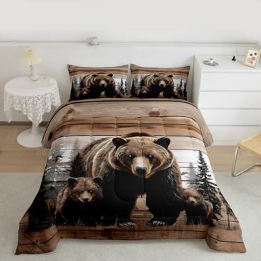Imagem de Erosebridal Jogo de cama com ursos fofos, família, urso, marrom, animais selvagens, para crianças, meninos e meninas, rústica, tábua, cabana, edredom, floresta, fazenda