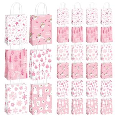 Imagem de Kolldenn Conjunto de 24 sacos de presente de papel rosa de Natal, árvore de Natal, sacos de lembrancinha de festa com alça de floco de neve de inverno, presente de doces, lanche para suprimentos de