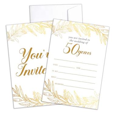 Imagem de DRWJPAT Convites de aniversário de 50 anos, convites de chá de casamento com folhas douradas, suprimentos de festa de celebração de banquete de 50º aniversário para casal, 25 cartões Boho Fill In