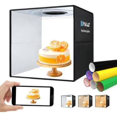 Imagem de PULUZ Caixa de luz para fotografia de estúdio fotográfico portátil de 40,64 cm x 40,64 cm, caixa de fotos dobrável, branco/suave/luz quente com pano de luz suave e cenários de 12 cores