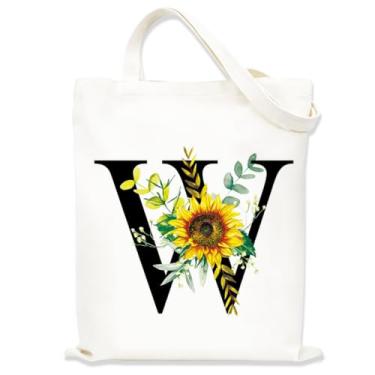 Imagem de Sacolas de lona estampadas para mulheres, sacolas de compras de lona, sacola de compras reutilizável para viagens, compras, trabalho, academia - Letra W