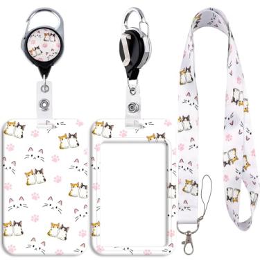 Imagem de Cordão de gato fofo com suporte de crachá de identificação retrátil para crachás de identificação, chaveiro para chaveiro, mulheres, meninas, escola, professora, enfermeira, trabalho