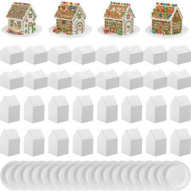Imagem de Eaasty Kit de casas de gengibre de Natal com 100 unidades – Caixas em forma de casa de pão de gengibre de papelão DIY com pratos para artesanato de férias, embalagem de presente e decorações de festa