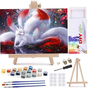 Imagem de MaiMMaledy Kit de pintura por números para adultos iniciantes imagens em tela com desenho emoldurado pigmento acrílico com cavalete triangular de madeira raposa colorida de nove caudas 20 x 30 cm C C
