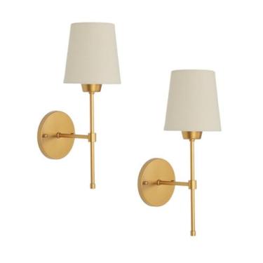 Imagem de Kit 2 Arandelas Tocheiro Dourada Com Cúpula Tecido Cru. - Mv Iluminaca