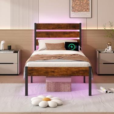 Imagem de Chuangshuo Guard Estrutura de cama de solteiro com cabeceira, estrutura de cama de LED resistente com estação de carregamento USB, base de colchão - armazenamento sob a cama, sem necessidade de molas