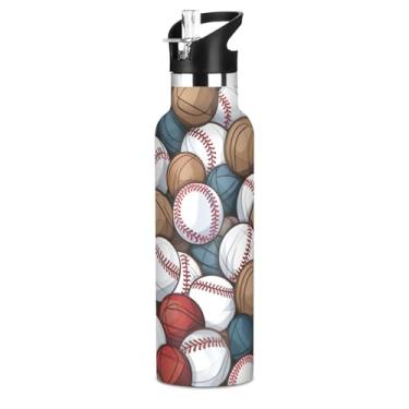 Imagem de Blueangle Garrafa de água de 590 ml com canudo - Garrafa de água esportiva de aço inoxidável sem BPA, design de padrão de bolas de beisebol à prova de vazamento para academia, atividades ao ar livre