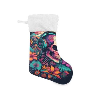Imagem de GakkiGii Pacote com 2 meias de Natal de caveira floral, decoração grande para pendurar na parede da árvore da lareira, 45 x 31 cm
