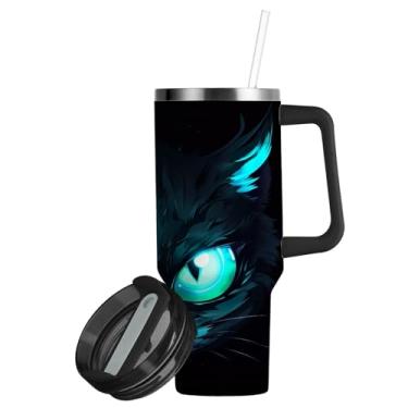 Imagem de ATTX Copo de olho de gato neon azul de 850 g com alça, copo de aço inoxidável a vácuo de parede dupla com palha, caneca de café de viagem isolada #705