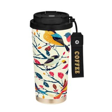 Imagem de SEHANY Caneca de café de viagem Flores e pássaros de 482 g com tampa revestida de cerâmica e à prova de vazamento, parede dupla, copo de aço inoxidável isolado a vácuo para bebidas quentes e frias