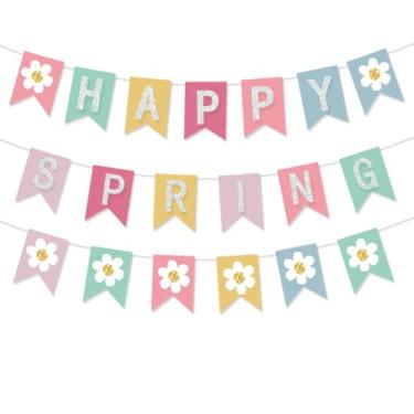 Imagem de Faixa de flores Happy Spring Banner colorido brilhante primavera flor guirlanda decoração de feltro decoração margarida festa primavera bandeira para casa interior exterior lareira