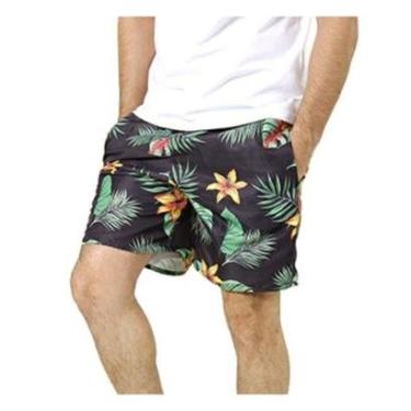 Imagem de Short Masculino Preto Verde Vermelho Praia Floral Folhas Poliéster Com Bolsos-Masculino