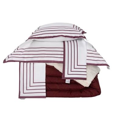 Imagem de Kit Coberdrom 5 Peças Casal King Dupla Face Hipercal 400 Fios e Sherpa, 260x240cm, com Fronhas 70x50cm e Capas Almofadas 40x40cm (King Soff/Vermelho)