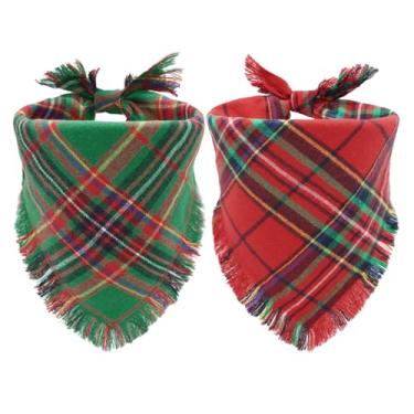 Imagem de CozyHaus Bandanas para cães de Natal - 2 peças - grande, cachecol xadrez clássico vermelho e verde com borlas, roupa de feriado triangular para meninos e meninas, fantasias de animais de estimação