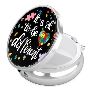 Imagem de Estojo de comprimidos de conscientização do autismo, caixa de pílulas de orgulho autista, 3 compartimentos, pequeno suporte de pílulas de metal com espelho, mini recipiente de viagem para bolso