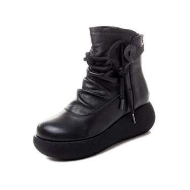 Imagem de Sttiyaf Botas femininas de couro plataforma de cano alto para mulheres, Preto, 34