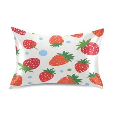 Imagem de Fronha de almofada de seda para pele e cabelo, extra macia, resistente a rugas e desbotamento com fecho de envelope (tamanho padrão, 66 x 50 cm) | Morango vermelho